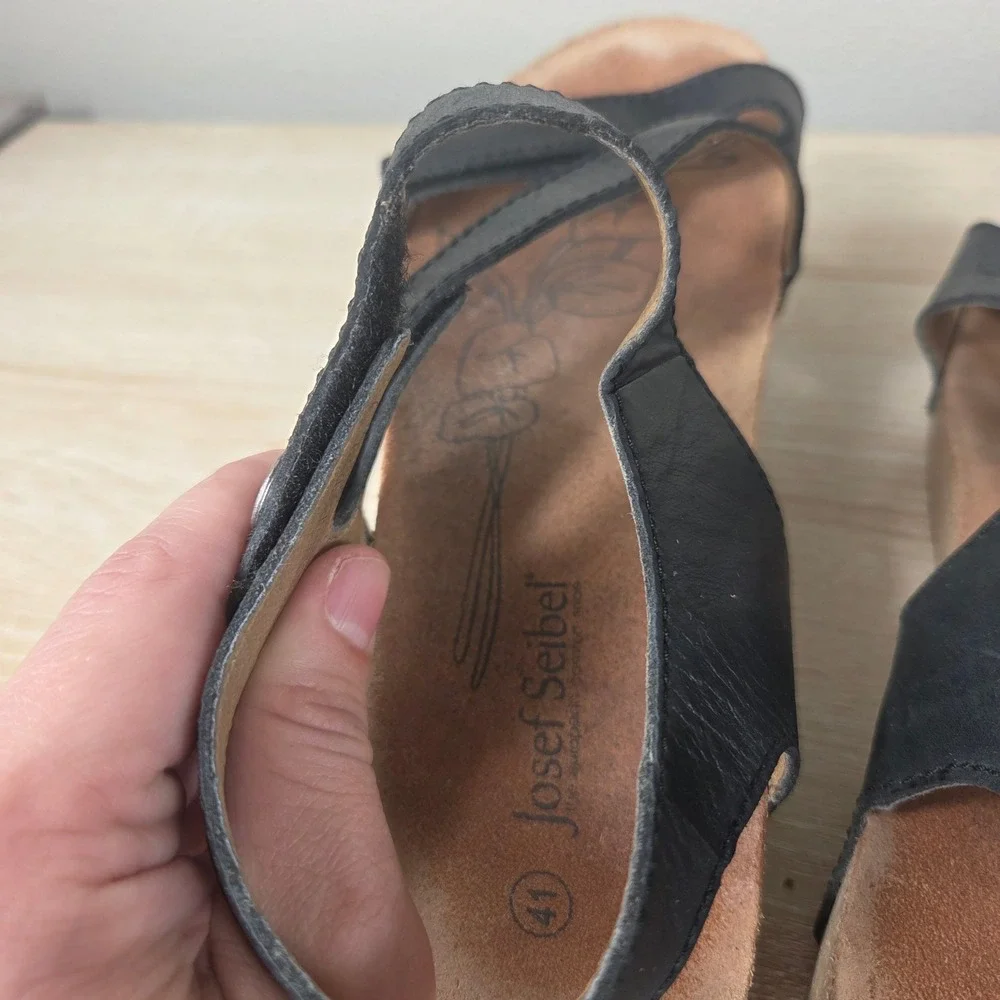 Josef Seibel Black Leather Comfort Sandals Women's EU 41 US 10 Adjustable